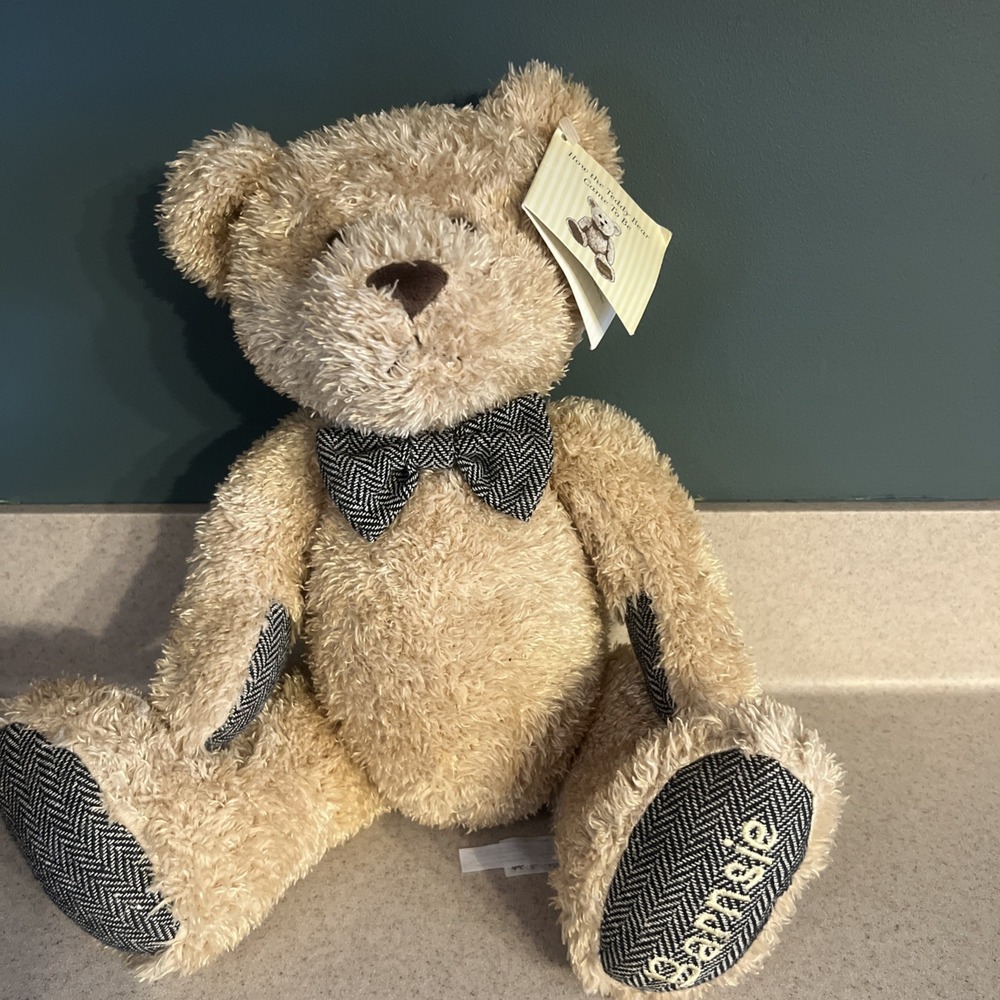Barnes & Noble Barnsie Teddy Bear Plush Beige Black Striped Bowtie, 15" With Tag